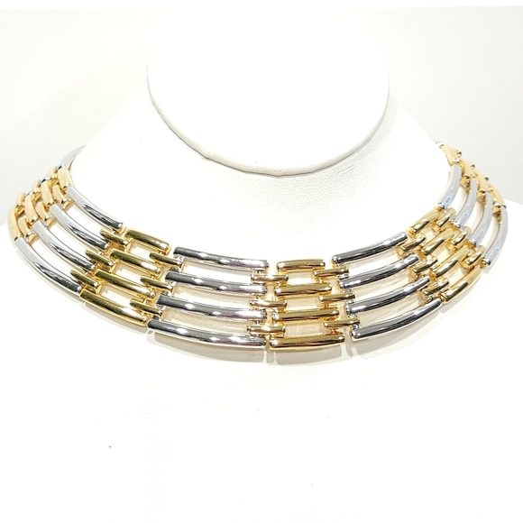 Vintage Givenchy Gold & Silver Two Tone Collar Necklace 14-inch - Picture 2 of 16